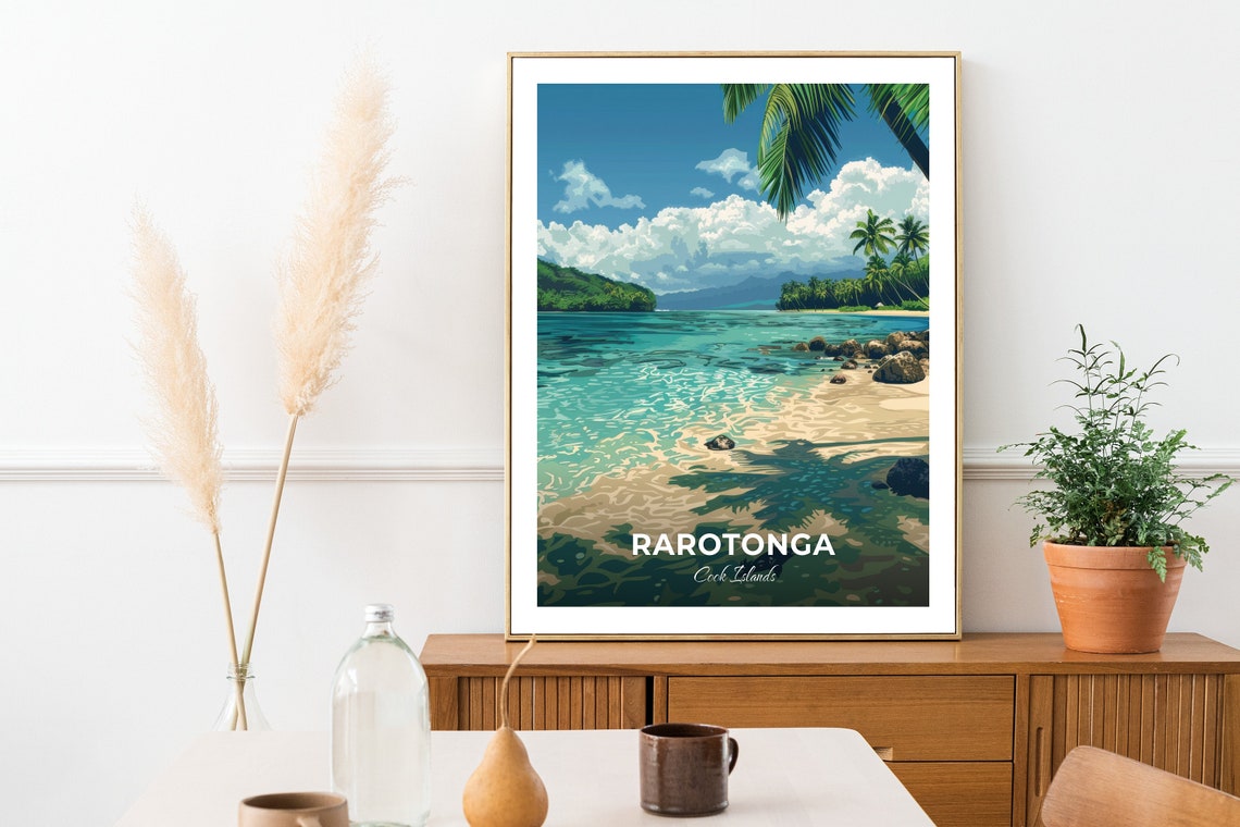 Rarotonga Muri Beach Shallow Turquoise Waters Palm Shadows Poster - Image 3