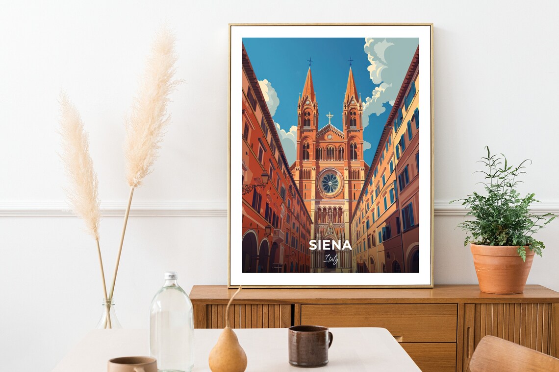 Siena Italy Twin Spire Cathedral Facade Blue Sky Travel Poster - Image 2