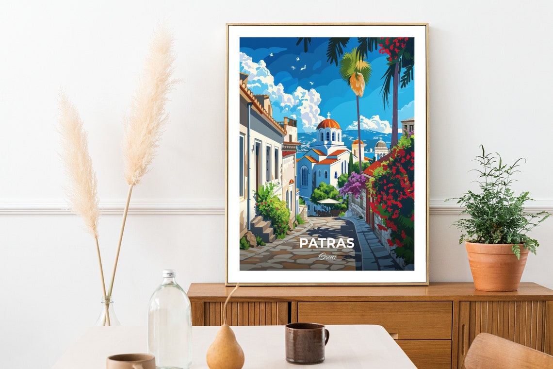 Patras Greece Old Town Street Leading to a Domed Church Poster - Image 3