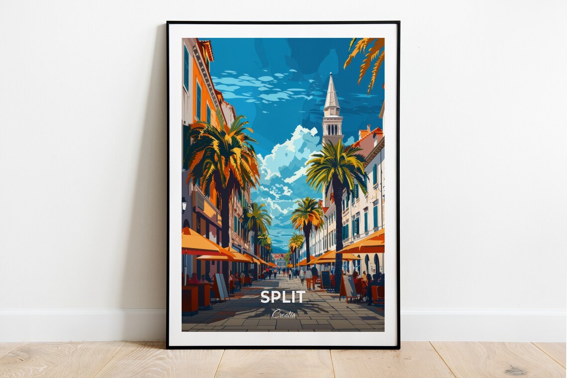 Split Palm Lined Promenade With Church Tower Croatia Travel Poster