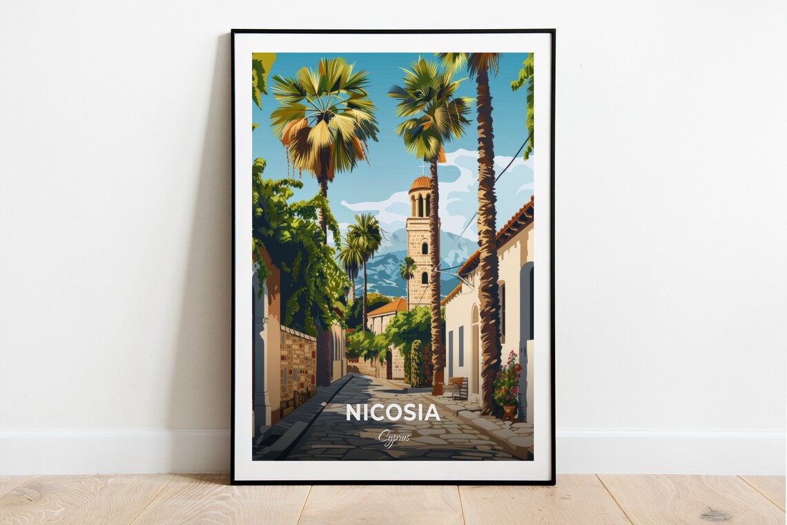 Nicosia Cyprus Old Town Palm Street Church Tower Sunny Travel Poster