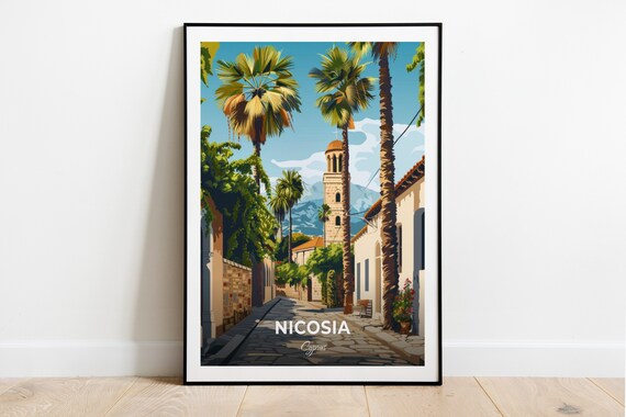Nicosia Cyprus Old Town Palm Street Church Tower Sunny Travel Poster