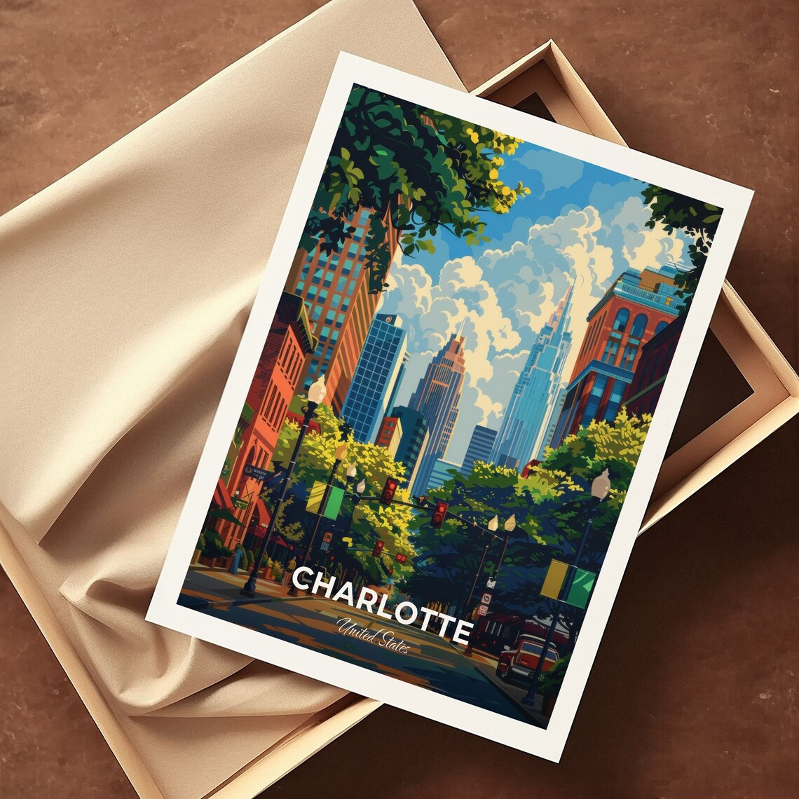Charlotte United States Uptown Skyline Tree Lined Street Sunny Poster - Image 3