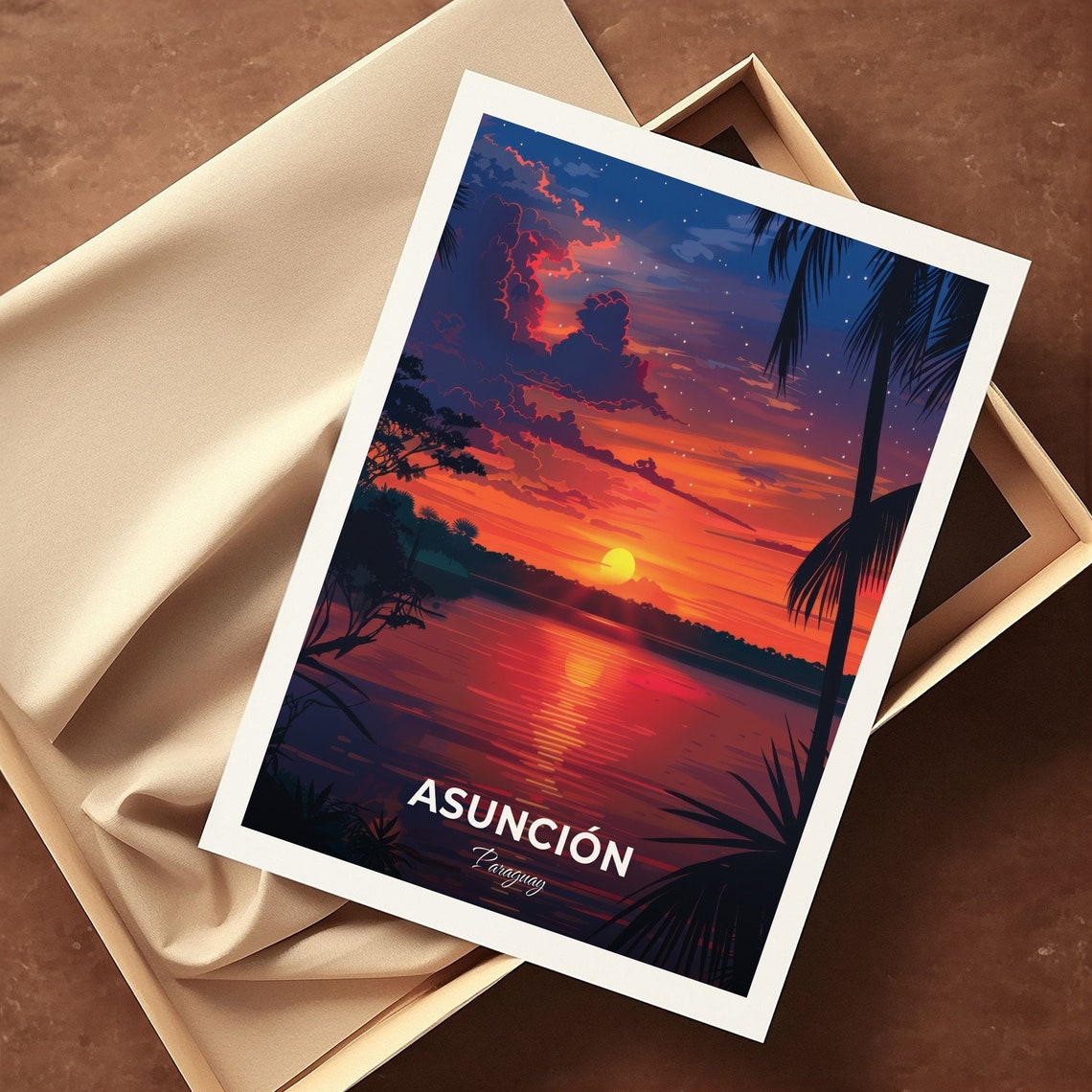 Asunción Paraguay River Sunset Palm Glow Water Travel Poster - Image 3