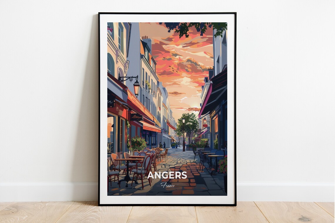 Angers France Cafe Street Sunset Glow Evening Travel Art Poster