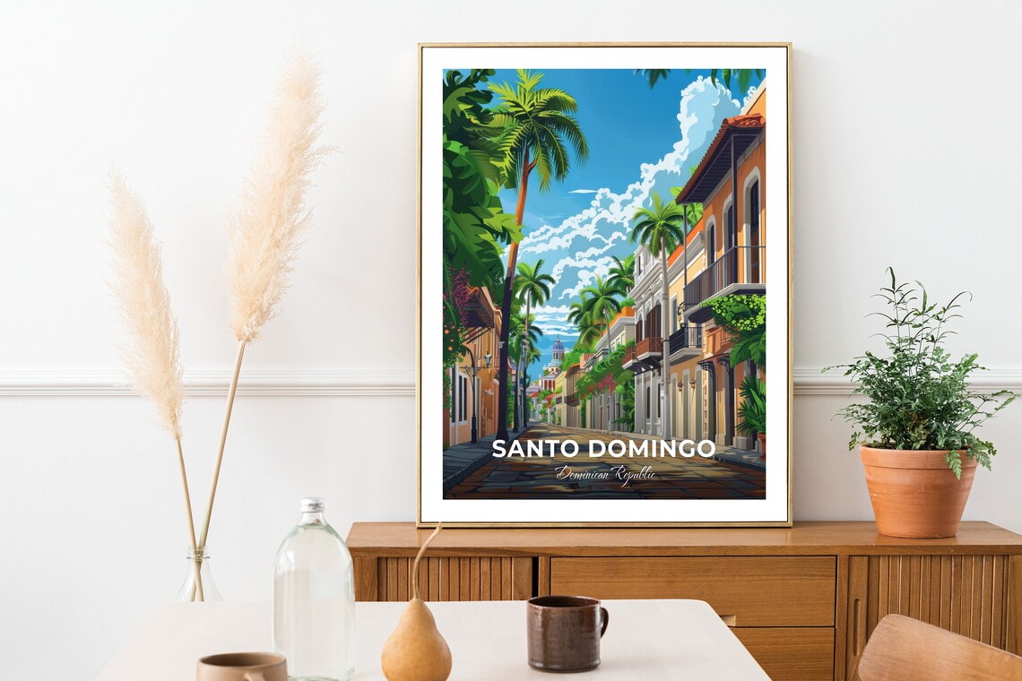 Santo Domingo Colonial Street Palm Trees Caribbean Travel Poster - Image 2