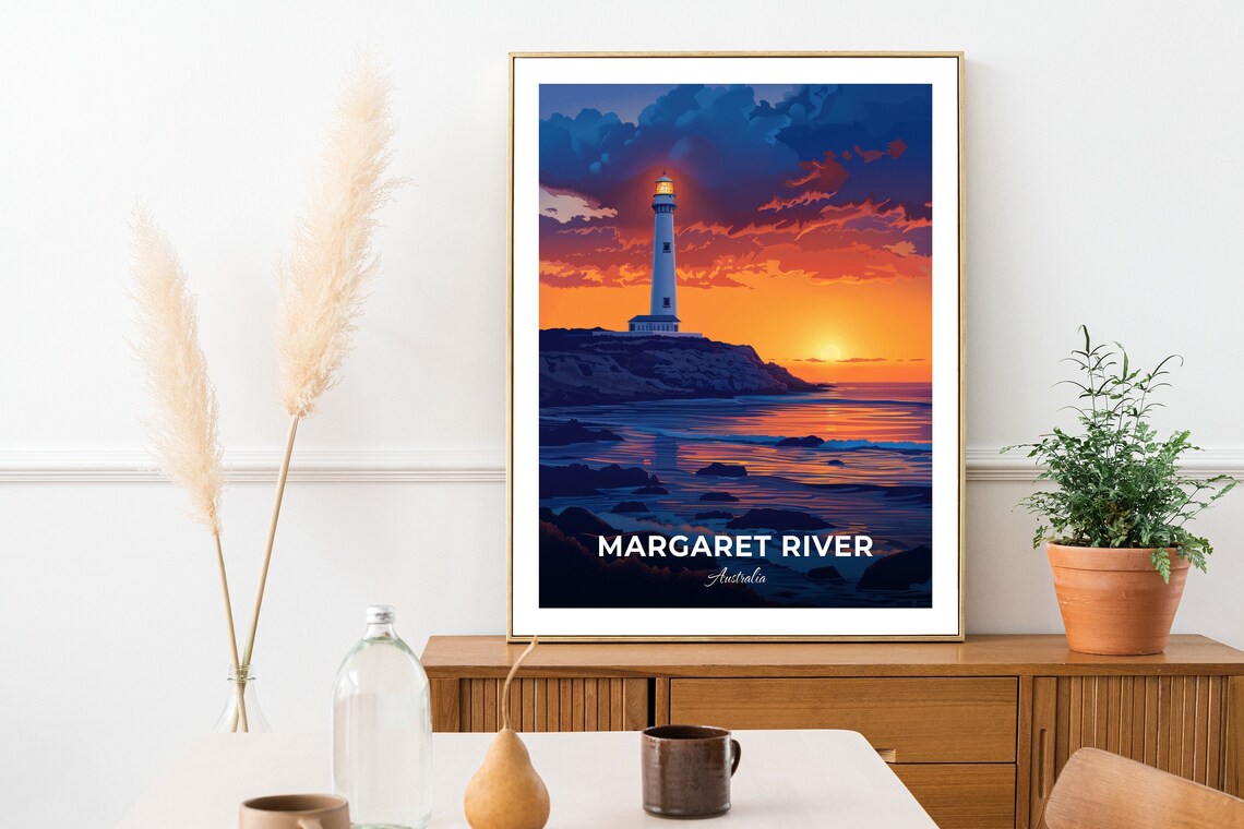 Margaret River Australia Lighthouse Glowing at Sunset Over the Sea Poster - Image 3