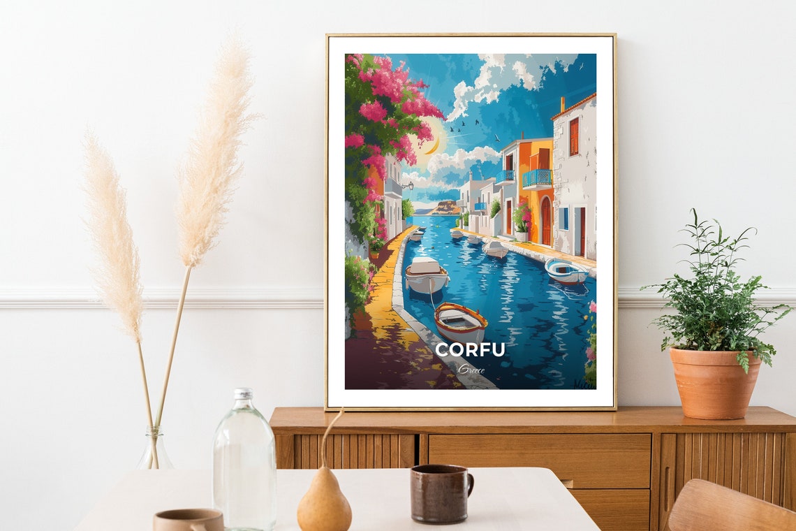 Corfu Greece Canal d'Amour Colourful Canal Boats Scene Travel Poster - Image 2