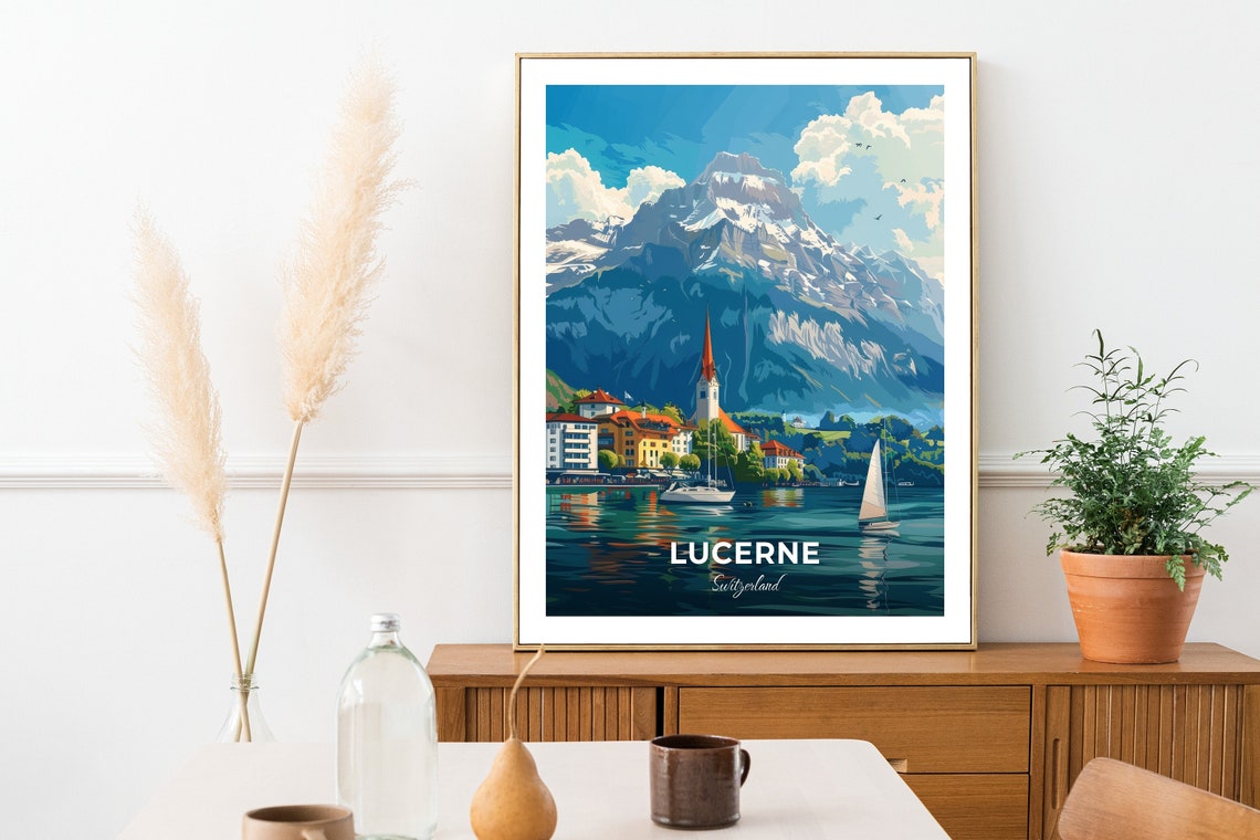Lucerne Switzerland Pilatus Mountain Lake Sailboat Travel Poster - Image 2