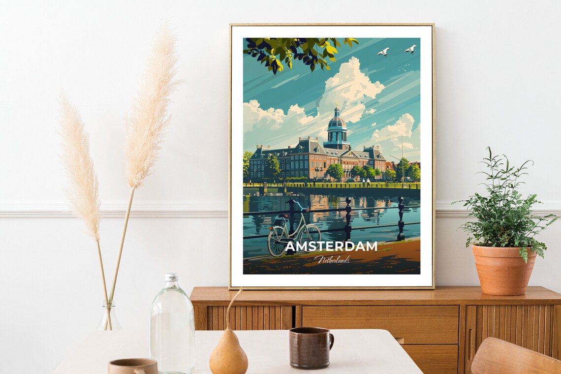Amsterdam Netherlands Canal Bridge Bicycle Before Historic Palace Poster - Image 2