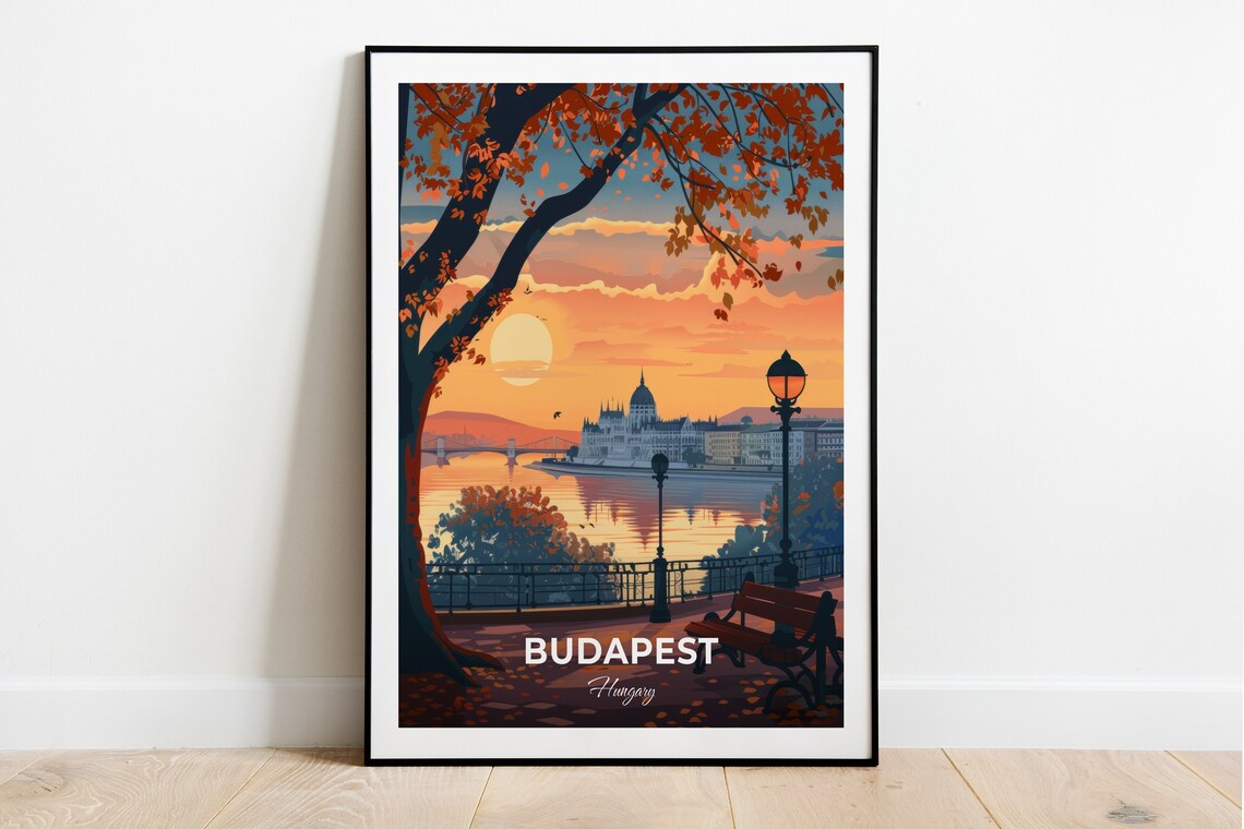 Budapest Hungary Danube Sunset Parliament Golden Hour Travel Poster