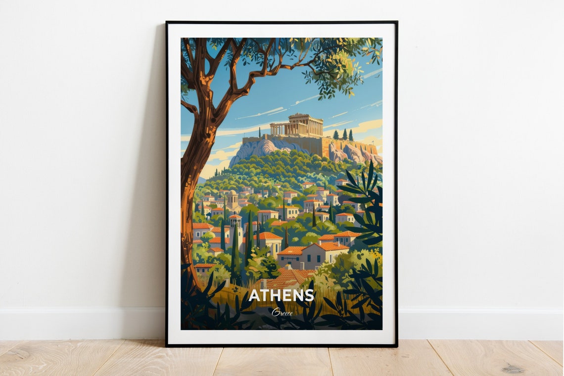 Athens Greece Acropolis View Framed by Olive Tree Travel Poster
