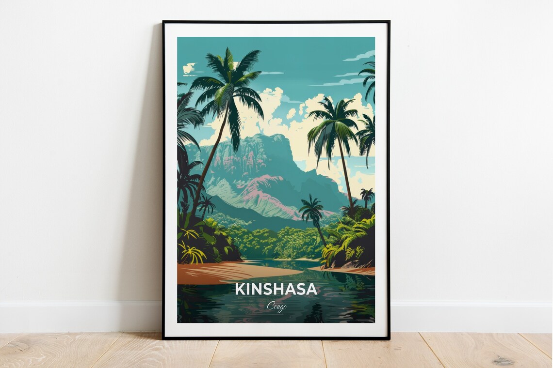 Kinshasa Mount Mangengenge River Palms Mountain Cliffs Congo Travel Poster