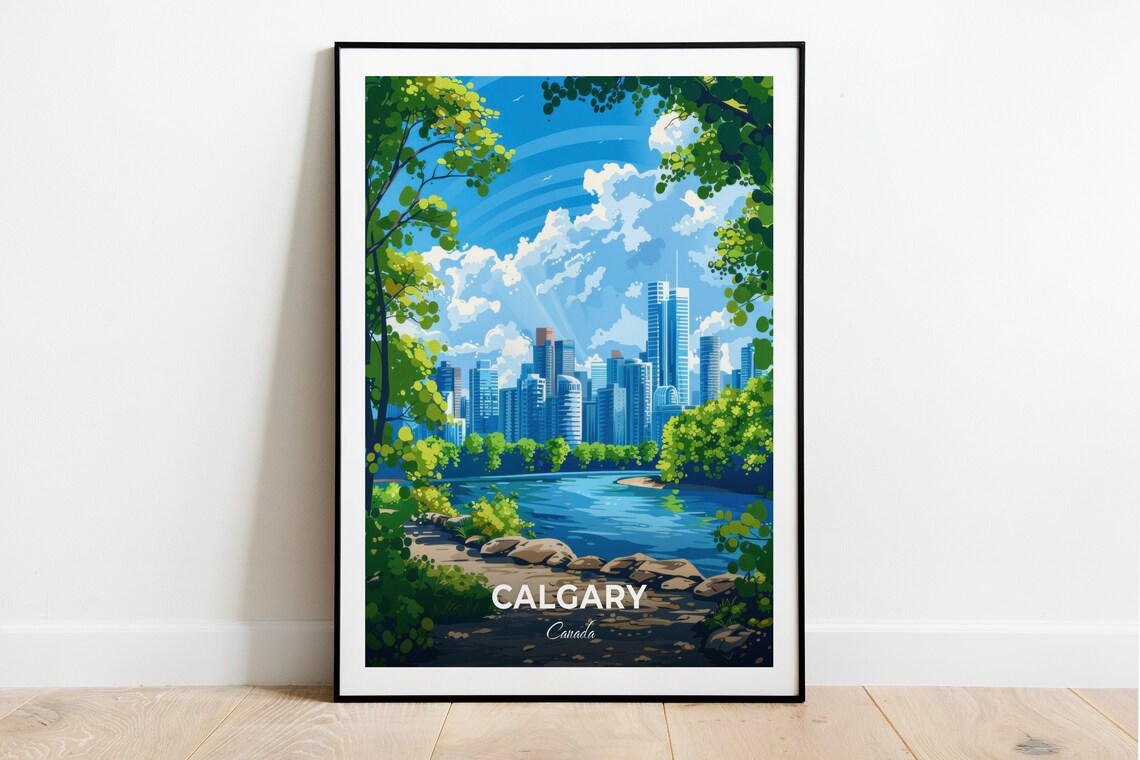 Calgary Canada Skyline River Trees Princes Island Park Sunny Day Poster
