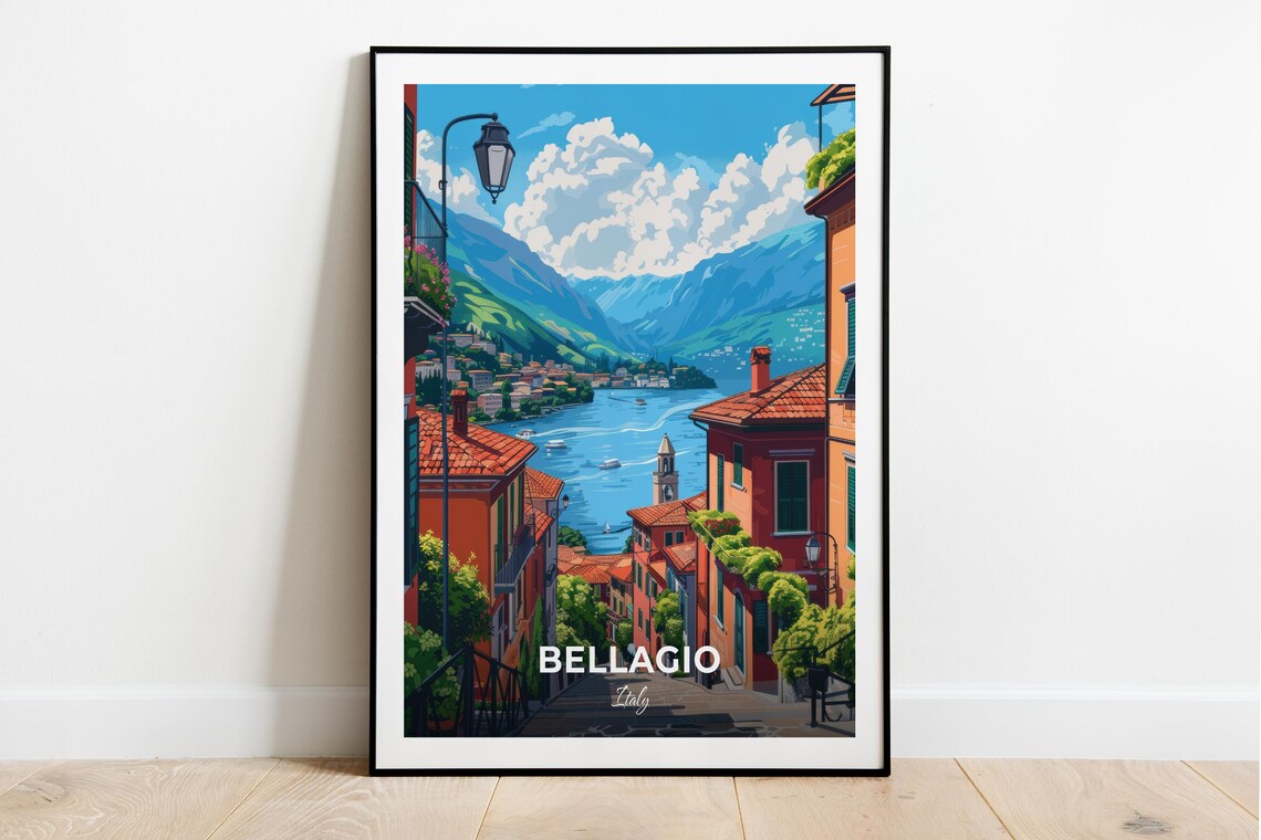 Bellagio Italy Lake Como Waterfront Village Vintage Travel Poster