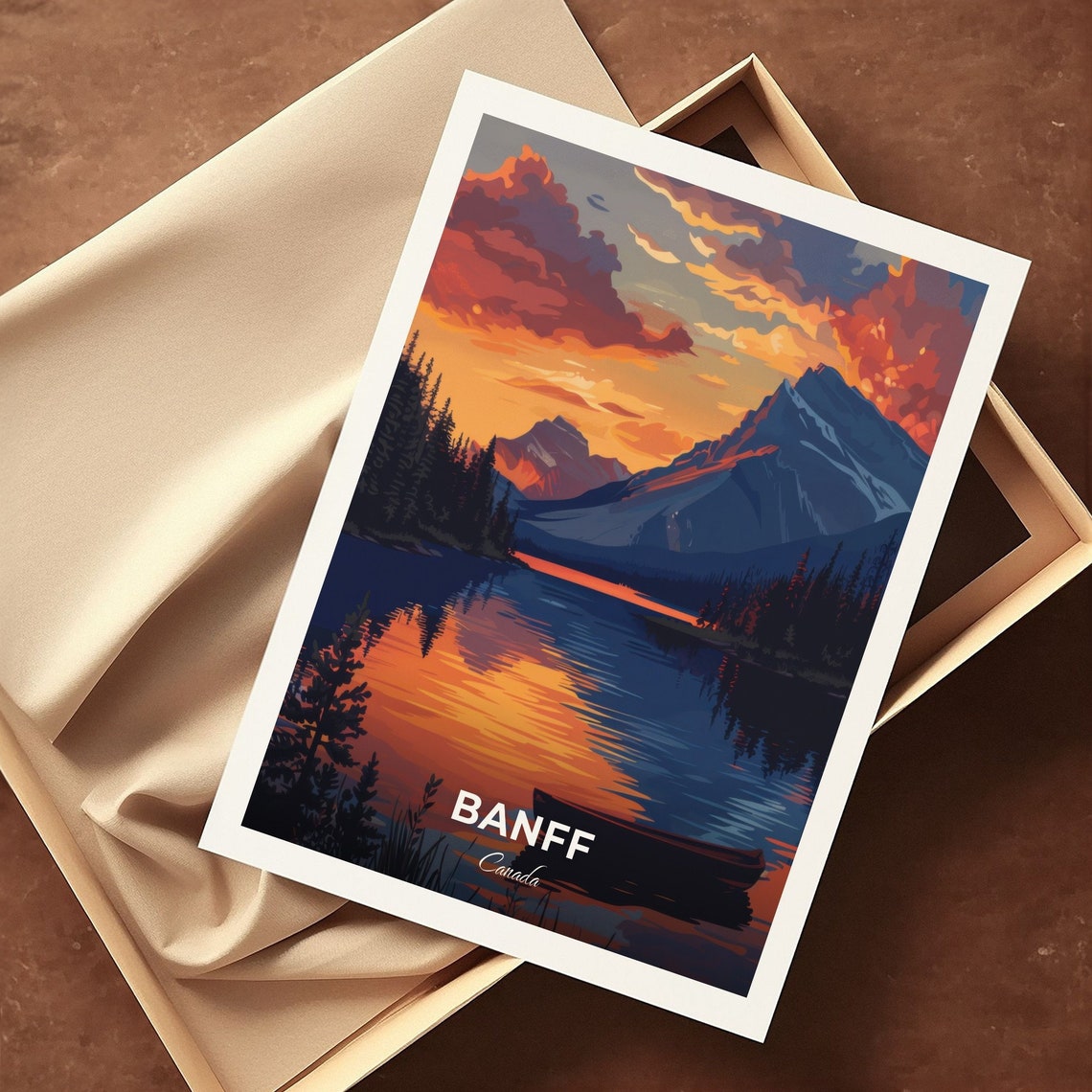 Banff Vermilion Lakes Canoe Sunset Mountain Water Reflection Poster - Image 3