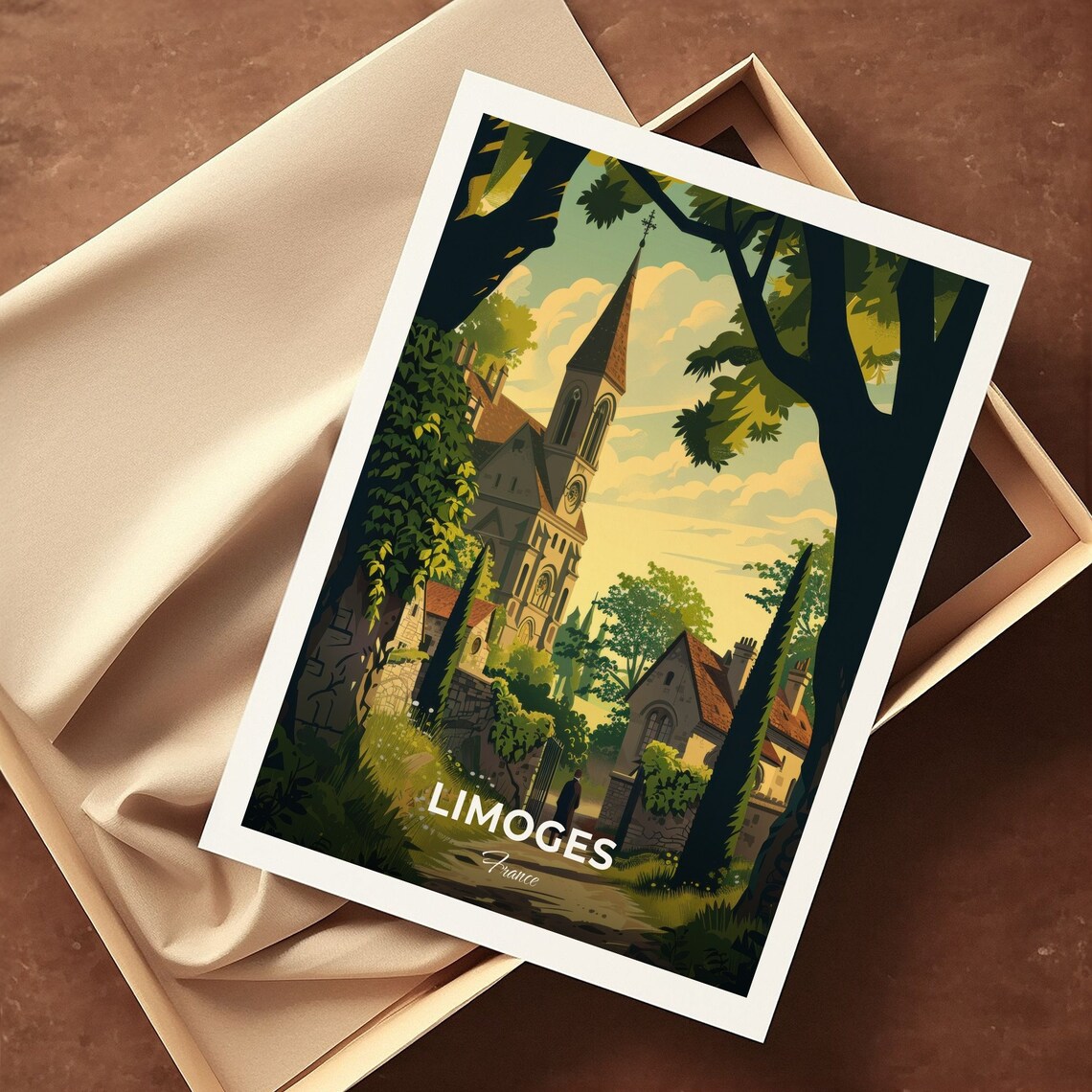 Limoges France Stone Church Spire Among Green Trees Travel Poster - Image 3