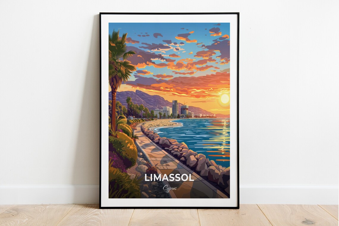 Limassol Promenade Sunset With Palm Trees And Beach Cyprus Travel Poster