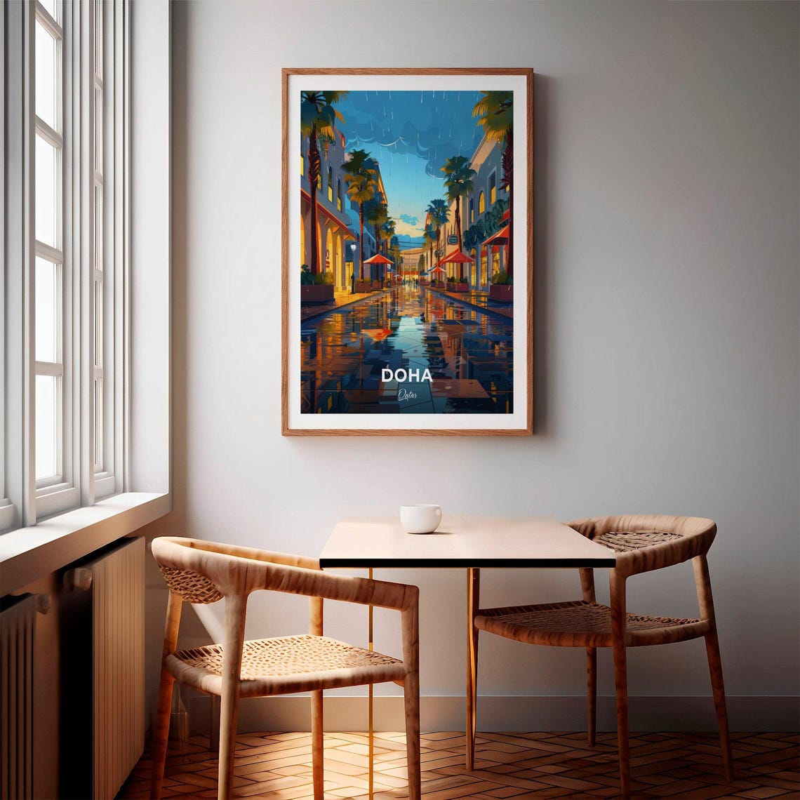 Doha Qatar Rainy Shopping Street Palms Glow Night View Poster - Image 2