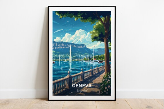 Geneva Jet dEau Fountain Lake Promenade Switzerland Lakeside Travel Poster