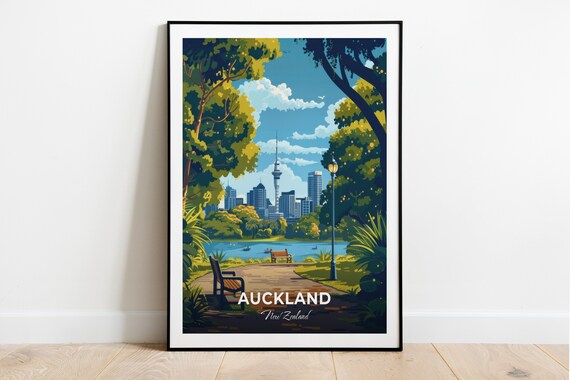 Auckland Albert Park Skyline Sky Tower Bench View Travel Poster