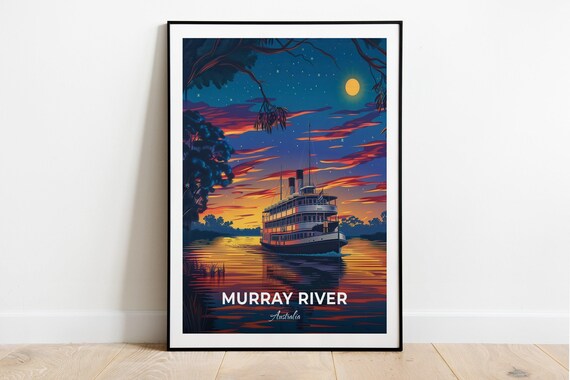 Murray River Australia Paddle Steamer Sunset Moonlight Travel Poster