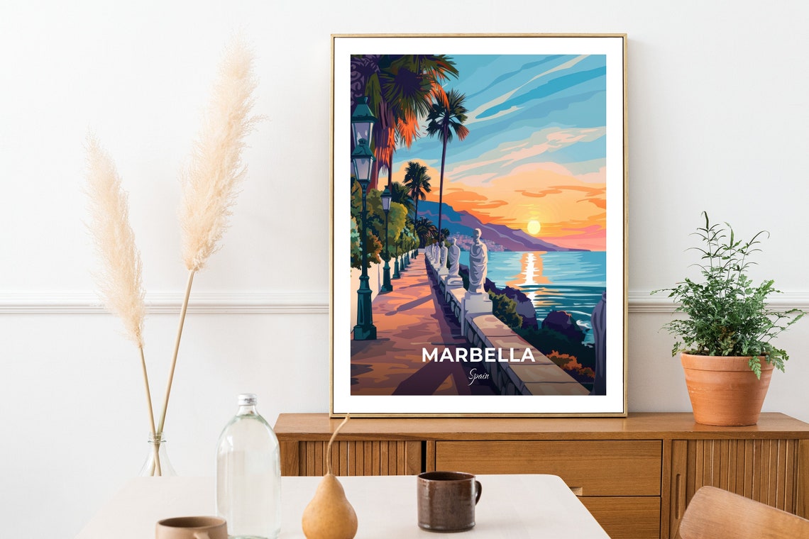 Marbella Spain Seaside Promenade Sunset Palms Statues Travel Poster - Image 2