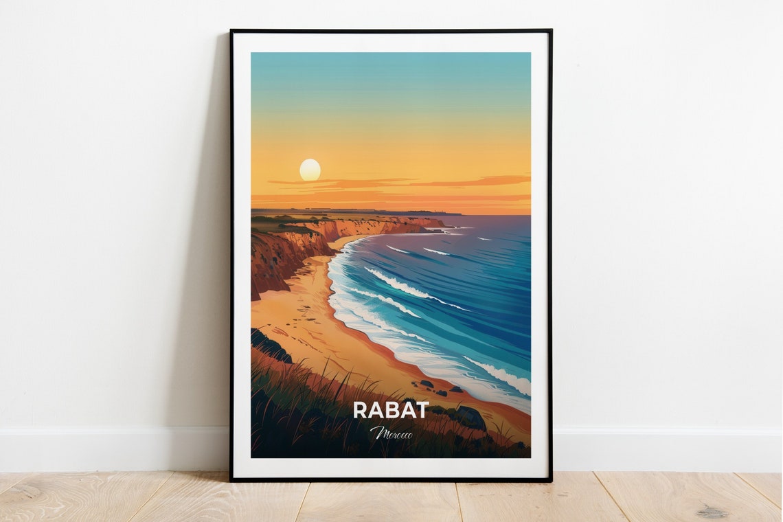Rabat Morocco Beach Sunset Cliffs Atlantic Waves Travel Poster