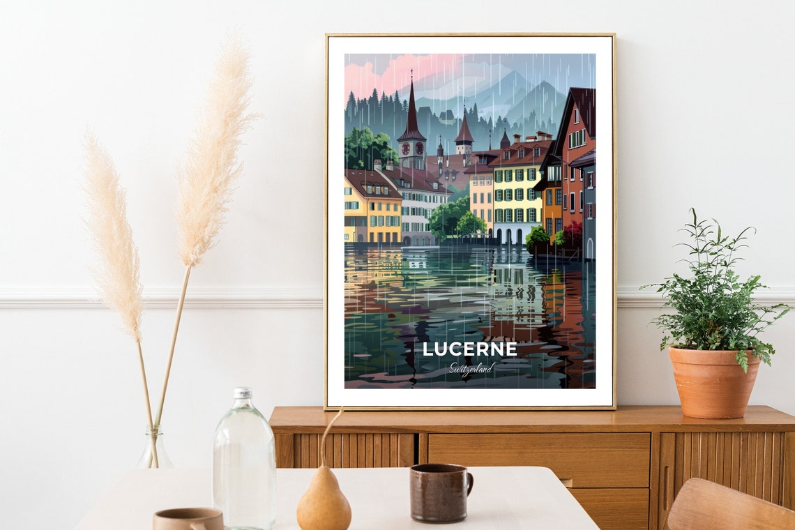 Lucerne Switzerland Rainy Old Town Clock Tower Lake Reflection Poster - Image 2
