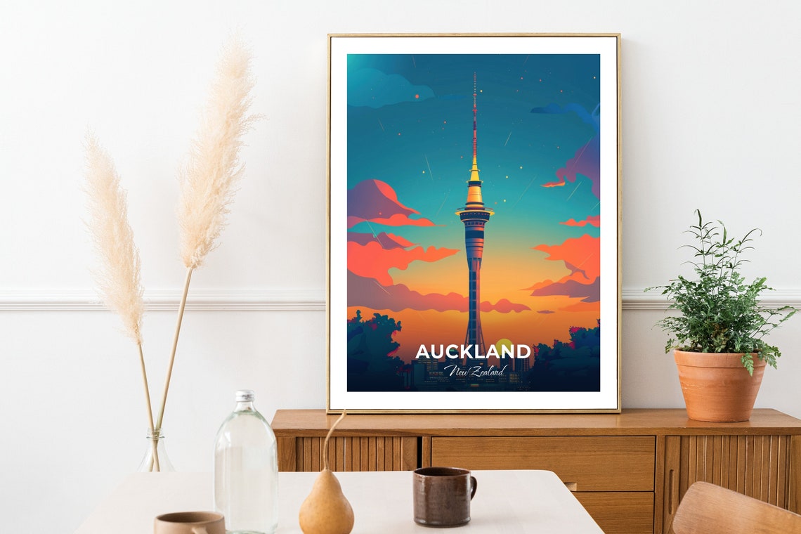 Auckland New Zealand Sky Tower Sunset Silhouette Travel Poster - Image 3
