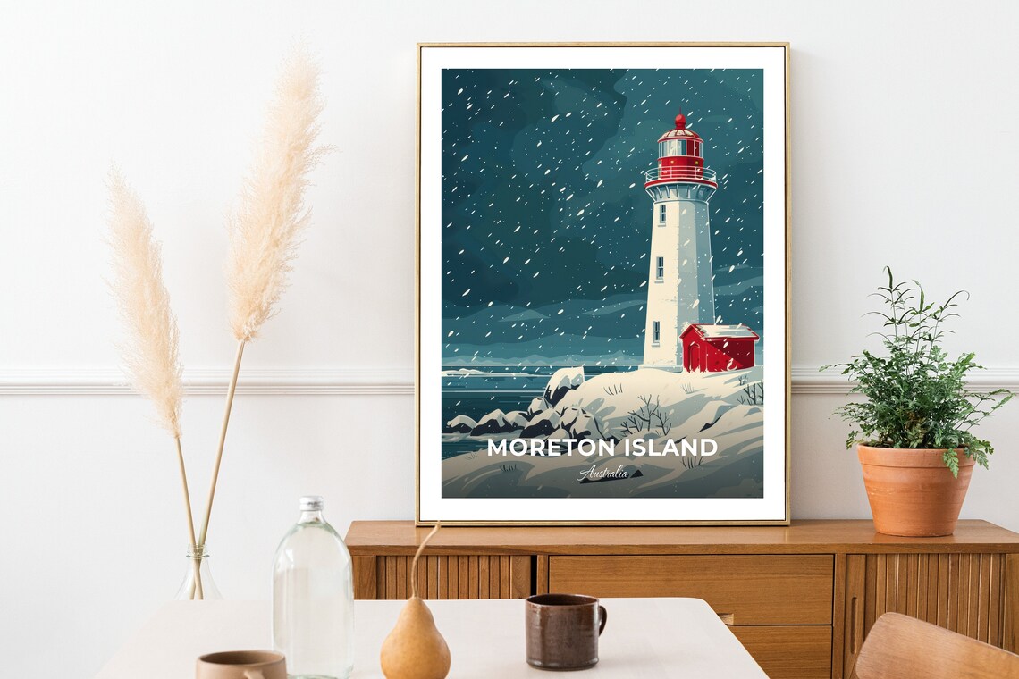 Moreton Island Australia Snowy Lighthouse Night Scene Travel Poster - Image 3