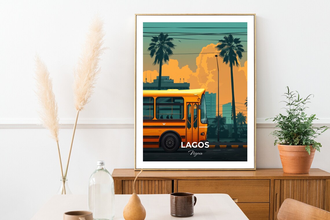 Lagos Nigeria Yellow Danfo Bus Palms City Sunset Street Travel Poster - Image 2