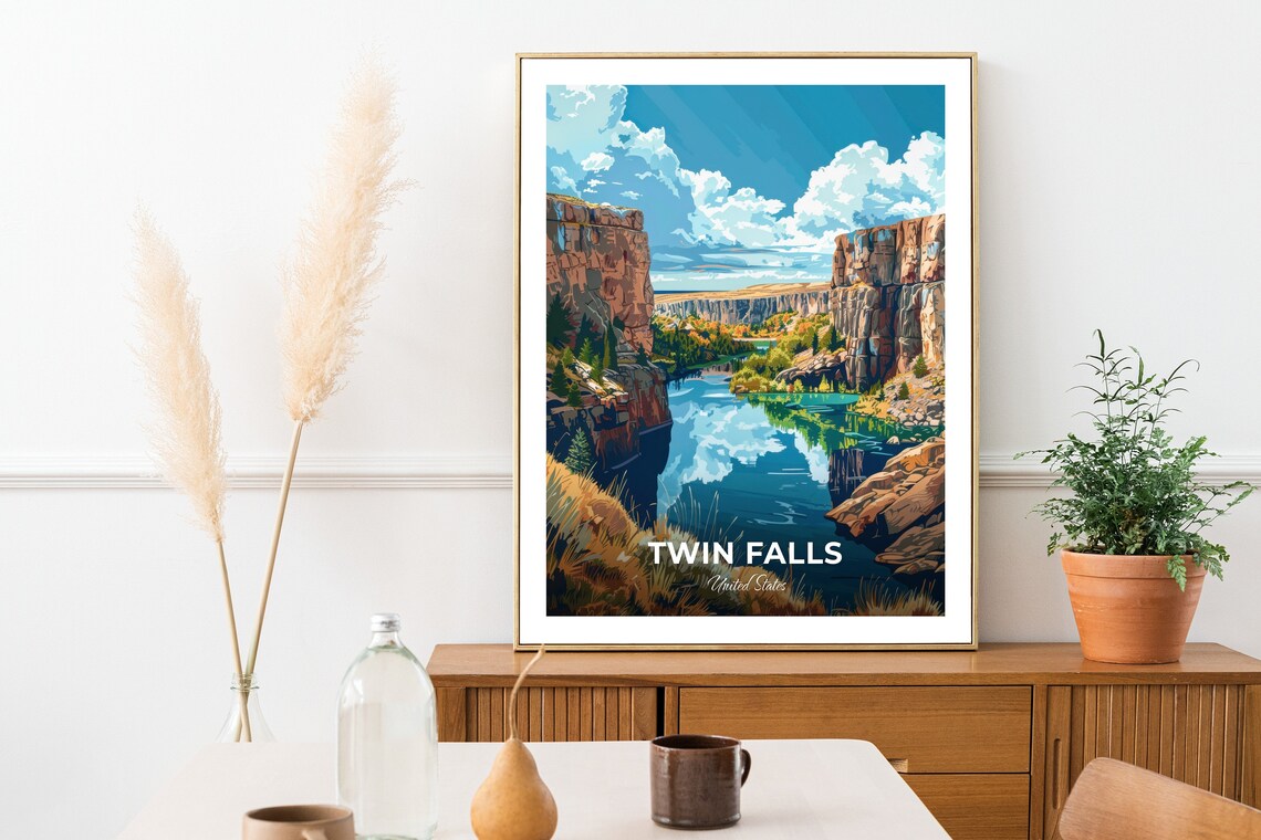 Twin Falls Canyon Lake With Mirror Reflection United States Travel Poster - Image 2