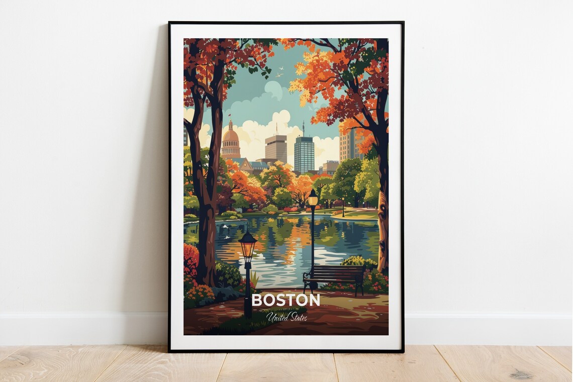 Boston Public Garden Autumn Pond Golden Dome Skyline Travel Poster