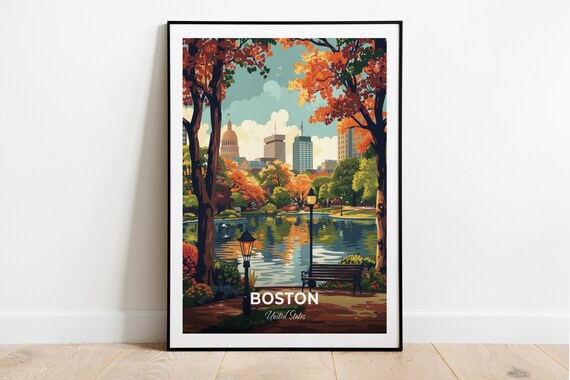 Boston Public Garden Autumn Pond Golden Dome Skyline Travel Poster