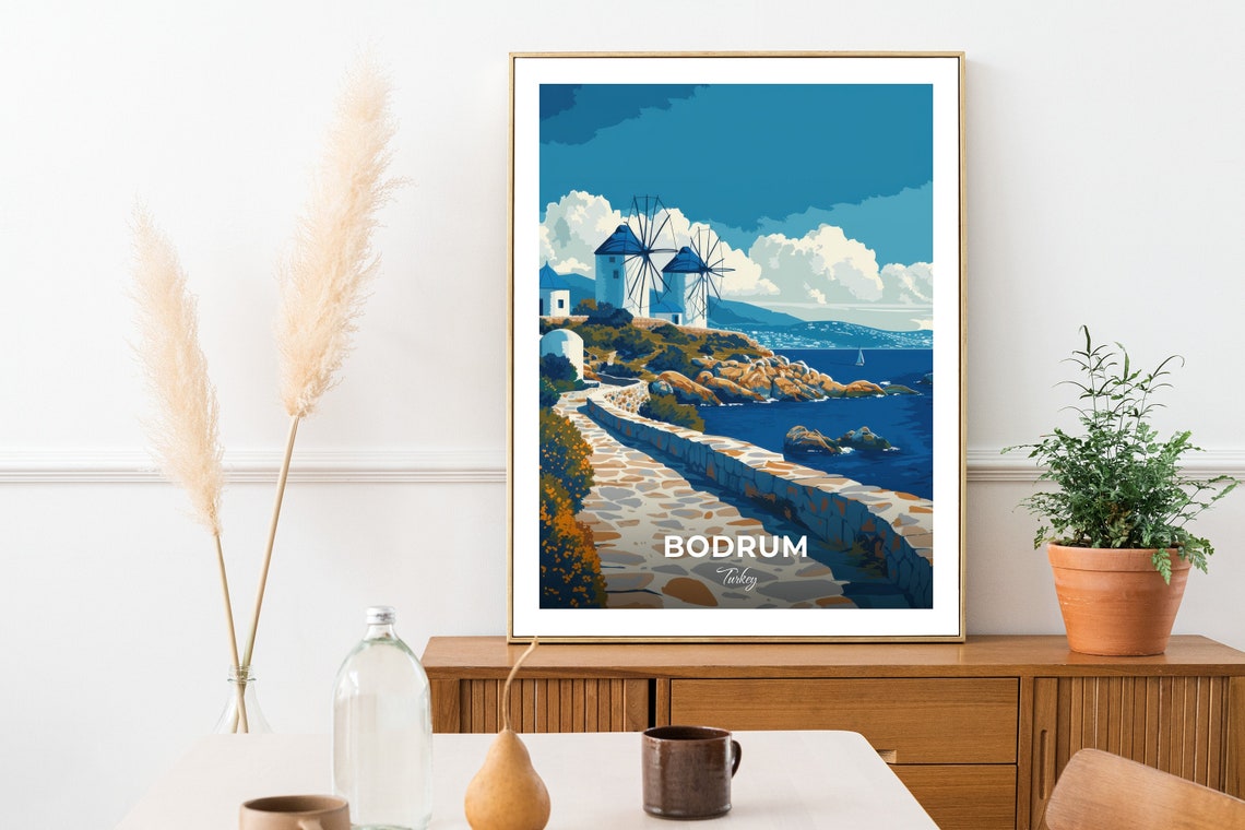 Bodrum Turkey Classic Windmills Rocky Shore Deep Blue Sea Poster - Image 3