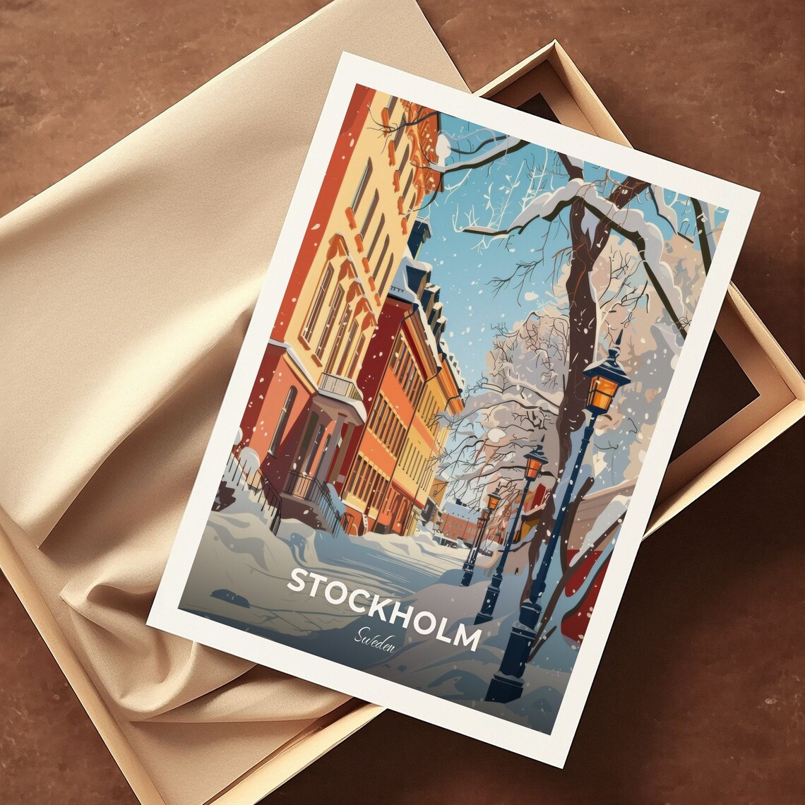 Stockholm Sweden Snowy Street Winter Lamps Old Town Travel Poster - Image 3