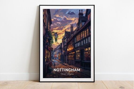 Nottingham Historic Pub Street Twilight Tudor Buildings Poster