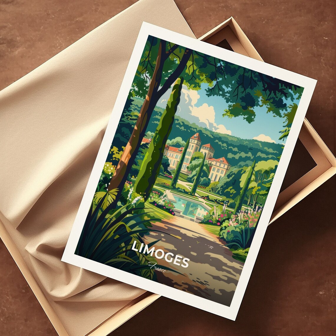 Limoges France Garden Chateau Cypress Trees Fountain Peaceful Scene Poster - Image 3