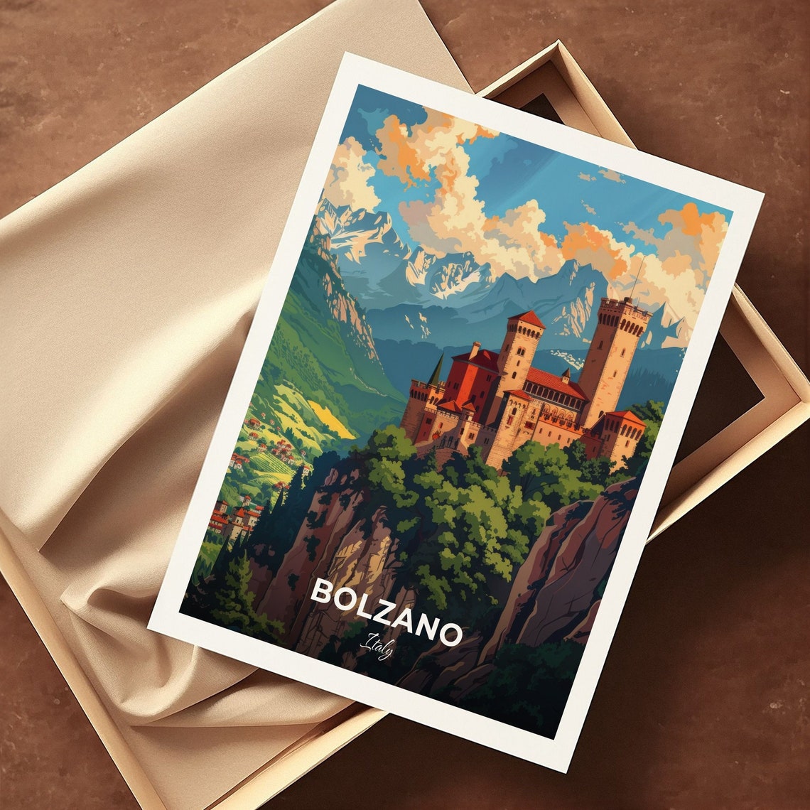Bolzano Italy Cliffside Castle Alpine Peaks Mountain Travel Poster - Image 3