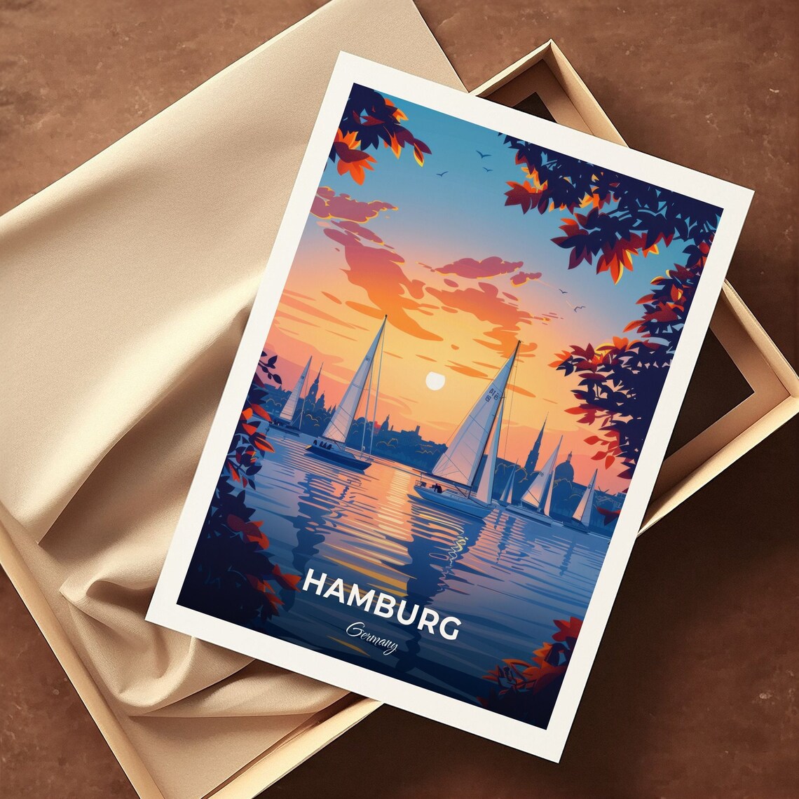 Hamburg Alster Lake Sailboats Sunset Skyline View Travel Poster - Image 3