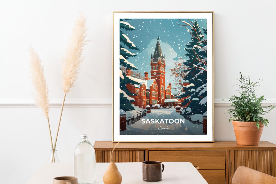 Saskatoon Canada Snowy Winter Red Brick Campus Scene Art Poster - Image 3