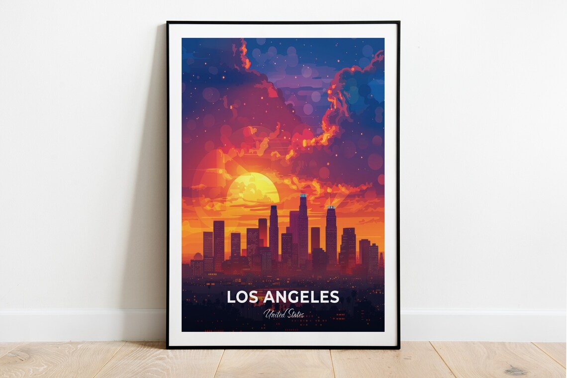 Los Angeles California Travel Poster Sunset Skyline Silhouette Artwork