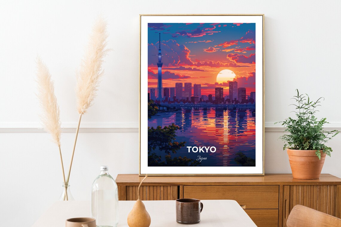 Tokyo Odaiba Sunset Skyline Skytree Tower Water Reflections Travel Poster - Image 2