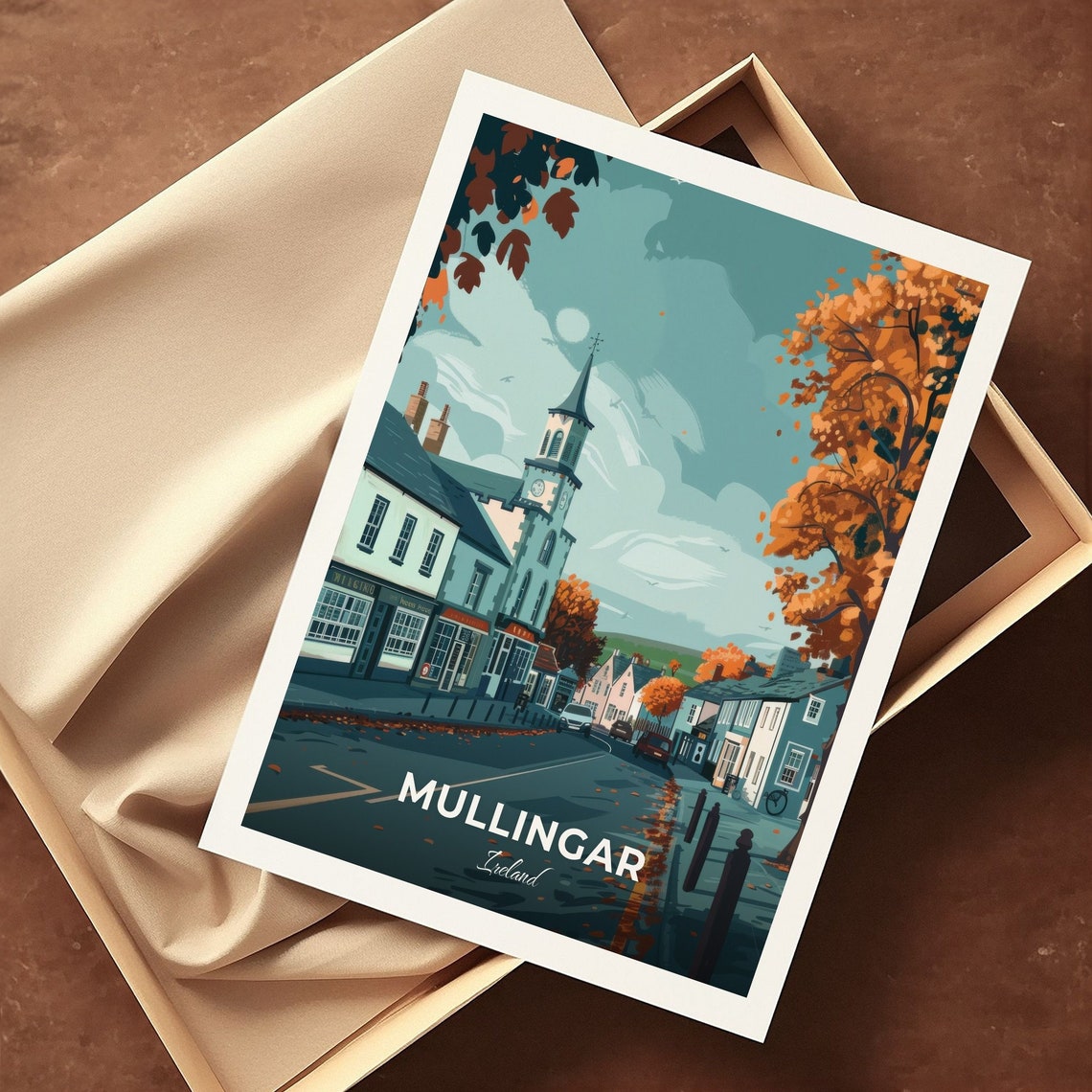 Mullingar Ireland Autumn Street with Clock Tower Vintage Travel Poster - Image 3