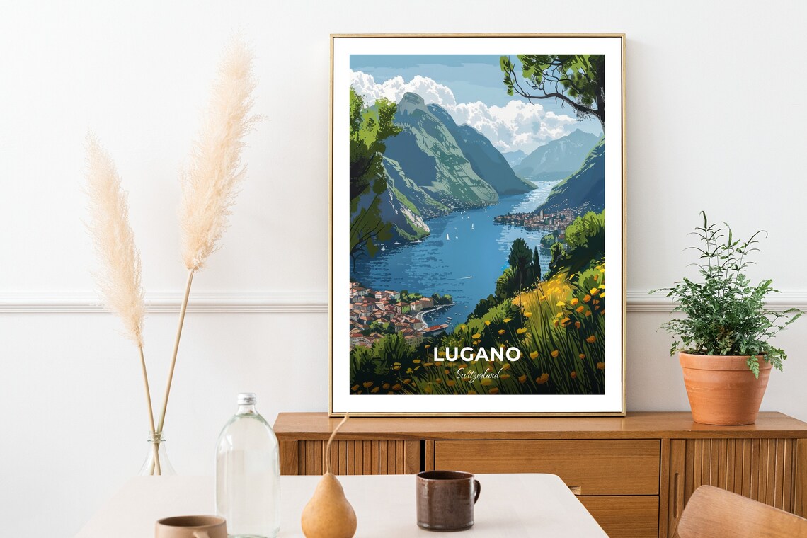 Lugano Switzerland Alpine Lake Panorama Sailboats Mountain Travel Poster - Image 2