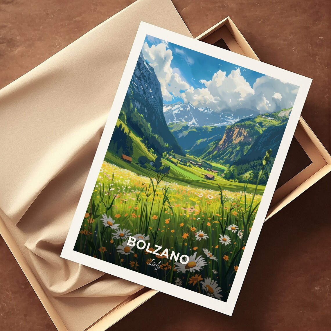 Bolzano Italy Alpine Meadow Wildflowers Peak View Travel Poster - Image 3
