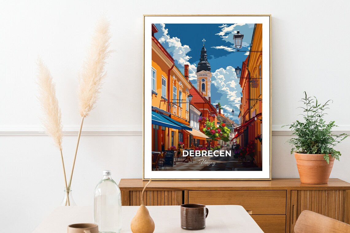 Debrecen Hungary Piac Street Old Town Cafes Church Spire Sunny Poster - Image 2