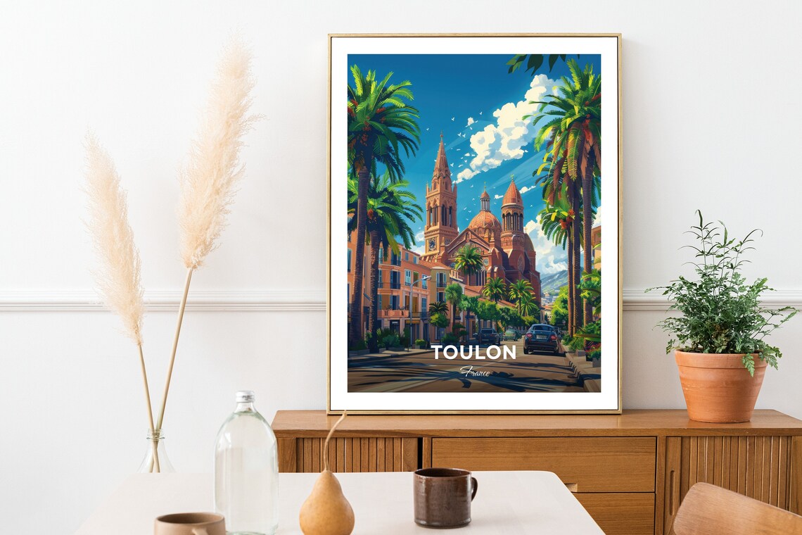 Toulon Palm Street Cathedral Towers Mediterranean Sun Travel Poster - Image 2