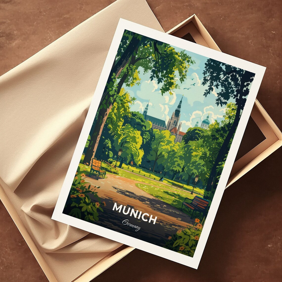 Munich English Garden Park Benches Church Spire Travel Poster - Image 3
